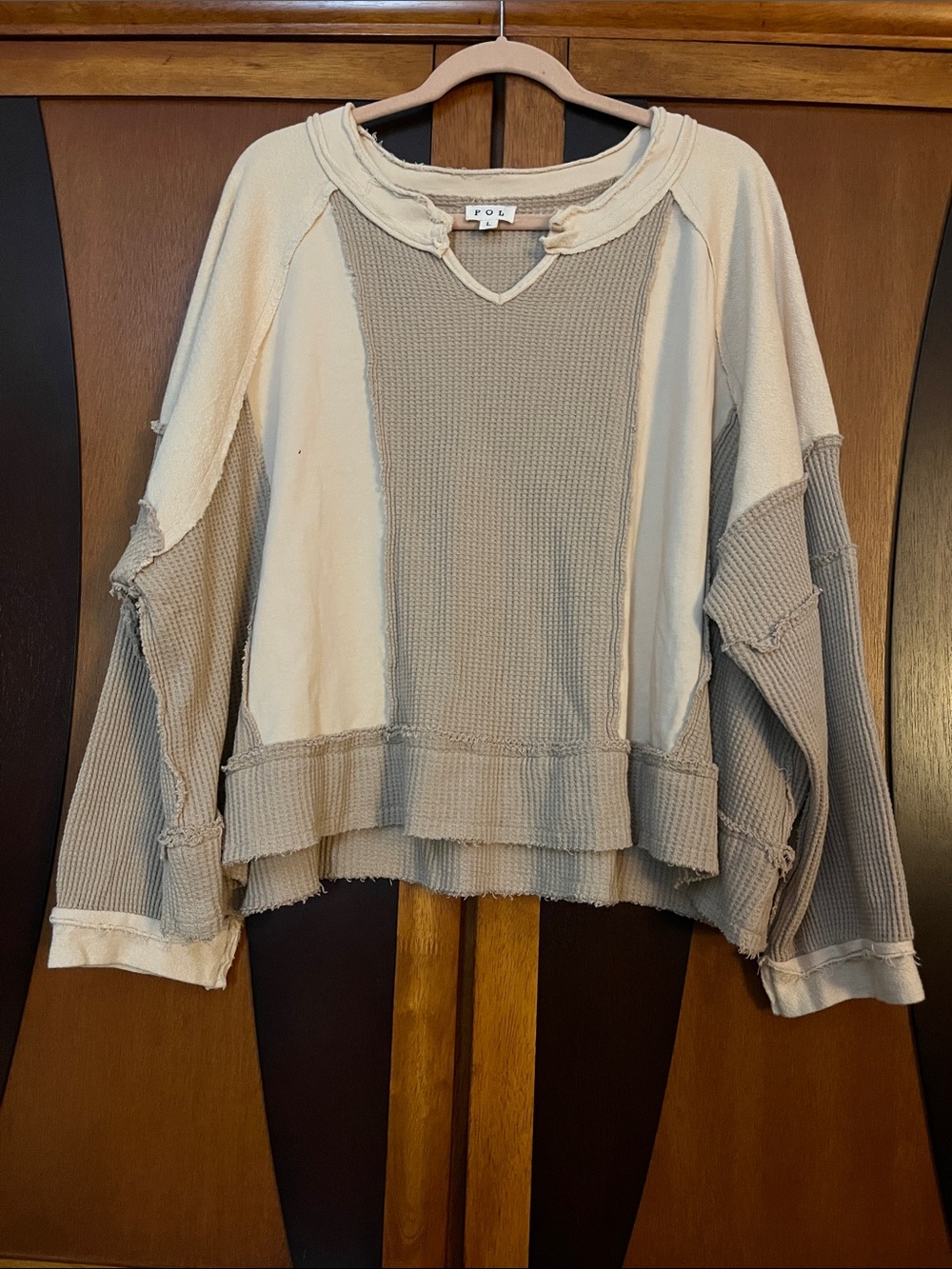 POL Tan Waffle & Cream Smooth Knits Drop Shoulder Patchwork Notch Neck Top